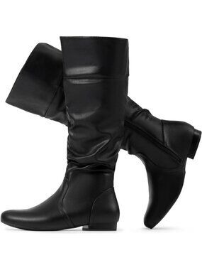 DREAM PAIRS Women's Black Round Toe Wide Calf With Side Zipper Knee High Boot